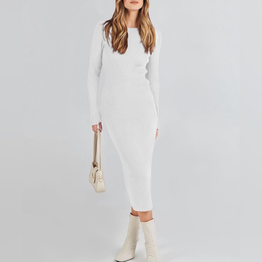 Trendy Long Sleeve Sweater Dress Crewneck Slim Fit Ribbed Bodycon Midi Dress